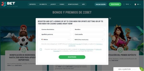Registro en 22bet