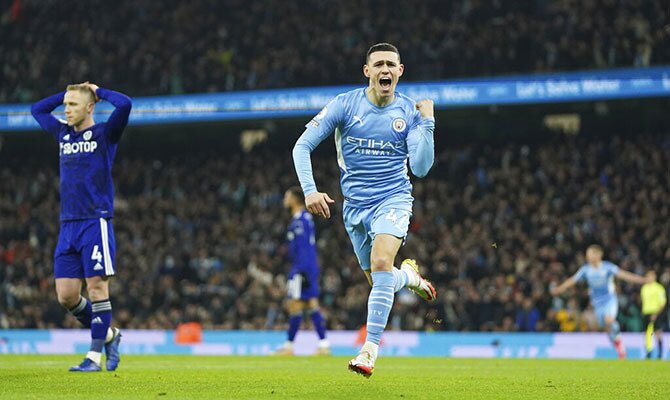 Foden celebra un gol con el puño cerrado. Cuotas Manchester City Vs Leicester City, Premier League.